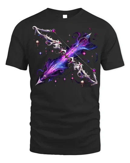 Galaxy Magic Bow T-Shirt with Fantasy Weapon Art - black t-shirt on white background
