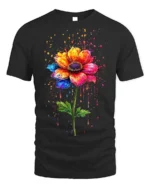 Color Splash Flower T-Shirt with Artistic Design - black t-shirt on white background