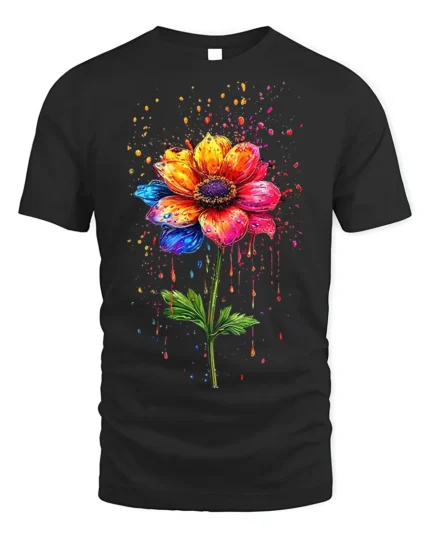 Color Splash Flower T-Shirt with Artistic Design - black t-shirt on white background