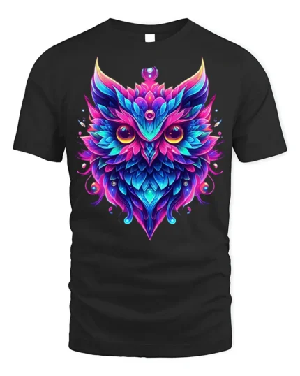 Colorful Owl Spirit Graphic T-Shirt - black t-shirt on white background