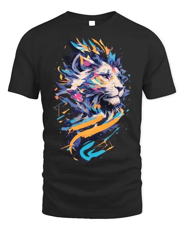 Abstract Colorful Lion Graphic T-Shirt - black t-shirt on white background