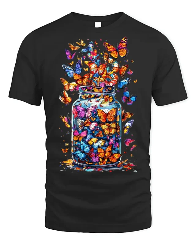 Colorful Butterflies in Jar Graphic T-Shirt - black t-shirt on white background
