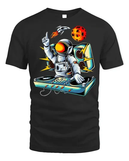 Astronaut DJ Space Music Graphic T-Shirt - black t-shirt on white background