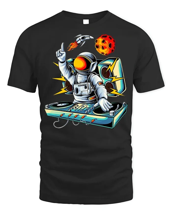 Astronaut DJ Space Music Graphic T-Shirt - black t-shirt on white background