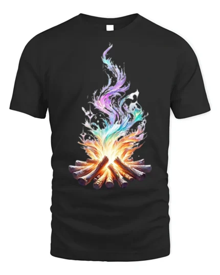 Colorful Flame Campfire Art Printed T-Shirt - black t-shirt on white background