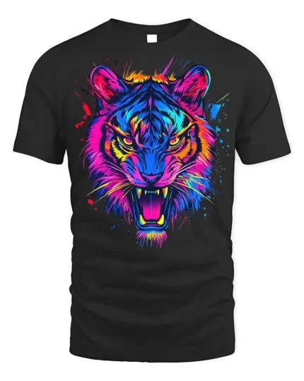 Neon Tiger Face Psychedelic Art T-Shirt - black t-shirt on white background