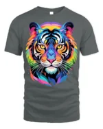 Geometric Rainbow Tiger Face Graphic T-Shirt - gray t-shirt on white background
