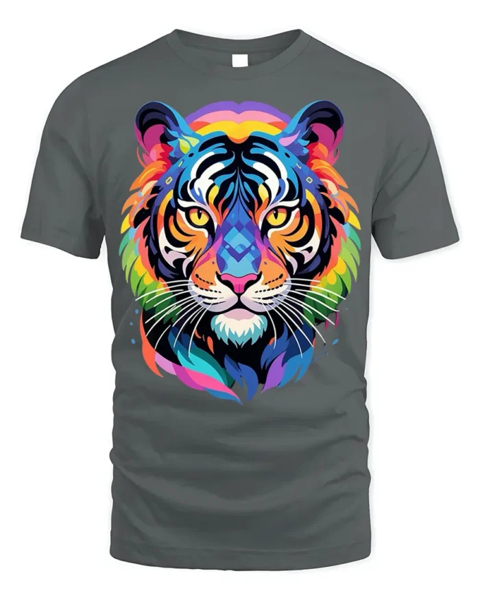 Geometric Rainbow Tiger Face Graphic T-Shirt - gray t-shirt on white background