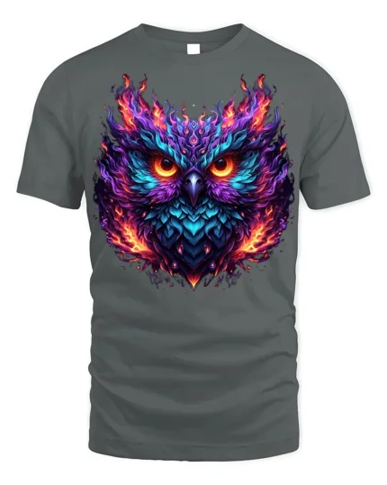 Flaming Owl T-Shirt with Fiery Abstract Art Design - gray t-shirt on white background