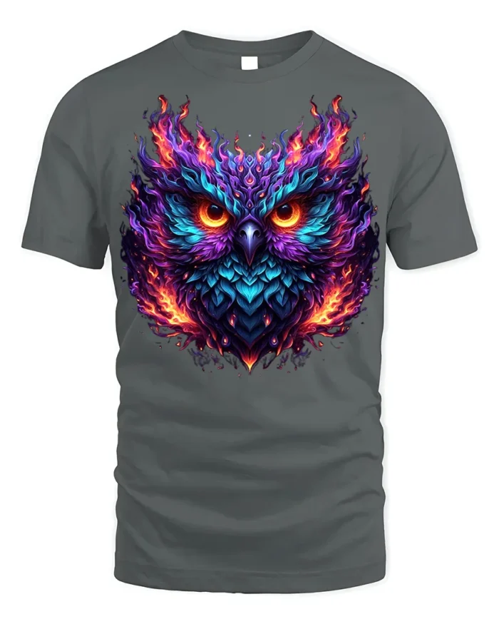 Flaming Owl T-Shirt with Fiery Abstract Art Design - gray t-shirt on white background