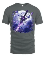 Moon Sword and Blue Rose Fantasy T-Shirt Design - gray t-shirt on white background