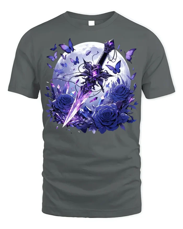 Moon Sword and Blue Rose Fantasy T-Shirt Design - gray t-shirt on white background