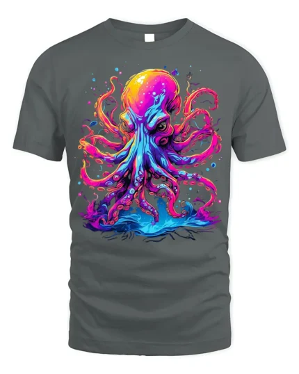 Psychedelic Octopus T-Shirt with Neon Ink Print - gray t-shirt on white background