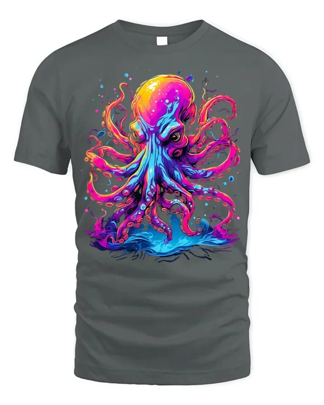 Psychedelic Octopus T-Shirt with Neon Ink Print - gray t-shirt on white background