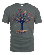 Butterfly Tree of Life T-Shirt with Nature Design - gray t-shirt on white background
