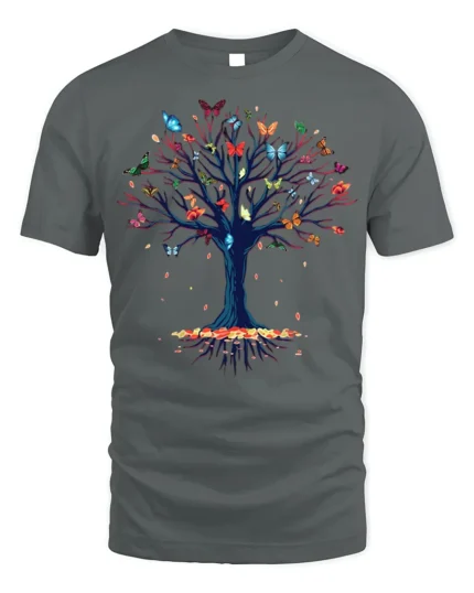 Butterfly Tree of Life T-Shirt with Nature Design - gray t-shirt on white background
