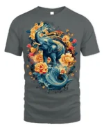Floral Elephant T-Shirt with Water and Lotus Art - gray t-shirt on white background