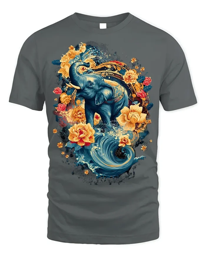 Floral Elephant T-Shirt with Water and Lotus Art - gray t-shirt on white background