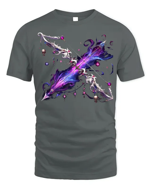 Galaxy Magic Bow T-Shirt with Fantasy Weapon Art - gray t-shirt on white background