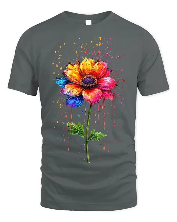 Color Splash Flower T-Shirt with Artistic Design - gray t-shirt on white background