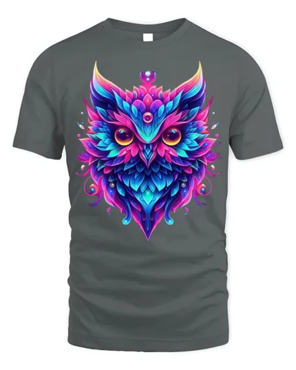 Colorful Owl Spirit Graphic T-Shirt - gray t-shirt on white background