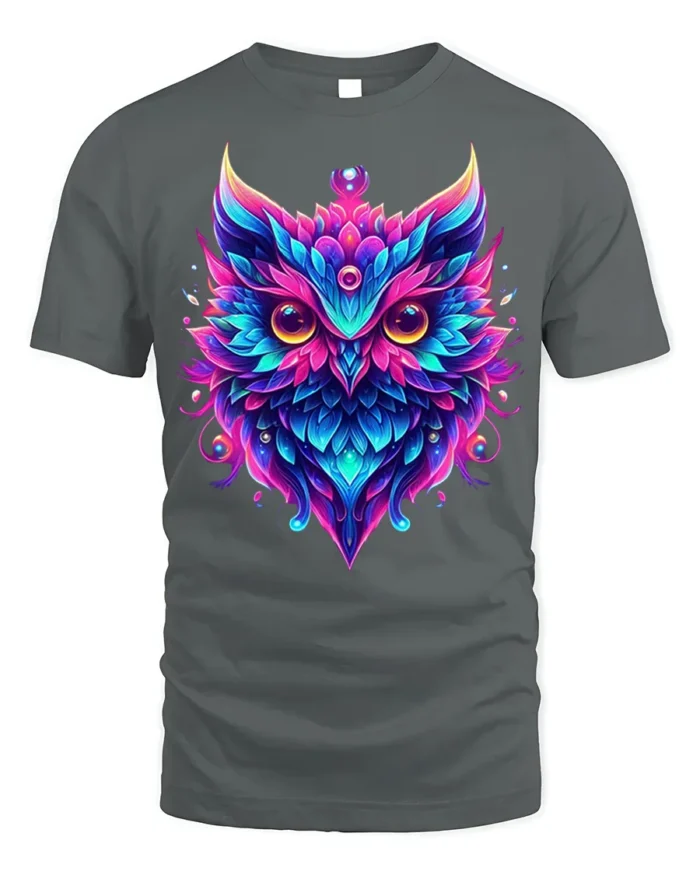 Colorful Owl Spirit Graphic T-Shirt - gray t-shirt on white background