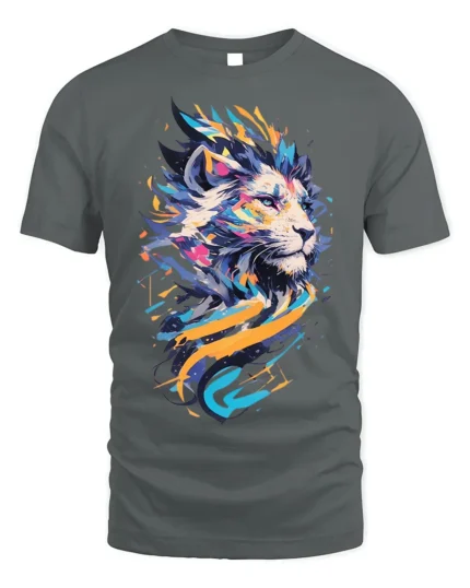 Abstract Colorful Lion Graphic T-Shirt - gray t-shirt on white background