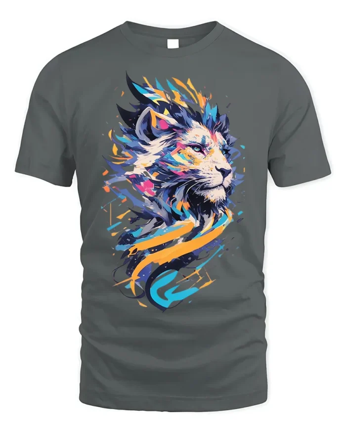 Abstract Colorful Lion Graphic T-Shirt - gray t-shirt on white background