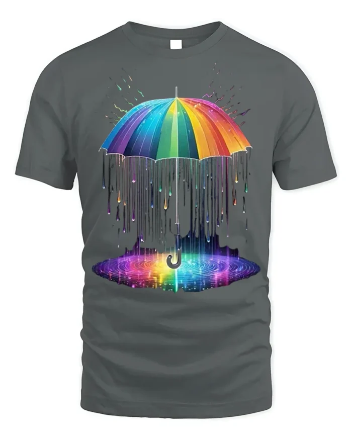 Rainbow Umbrella Abstract Rain Printed T-Shirt - gray t-shirt on white background