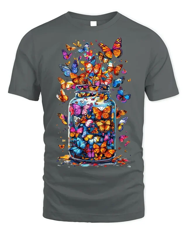 Colorful Butterflies in Jar Graphic T-Shirt - gray t-shirt on white background