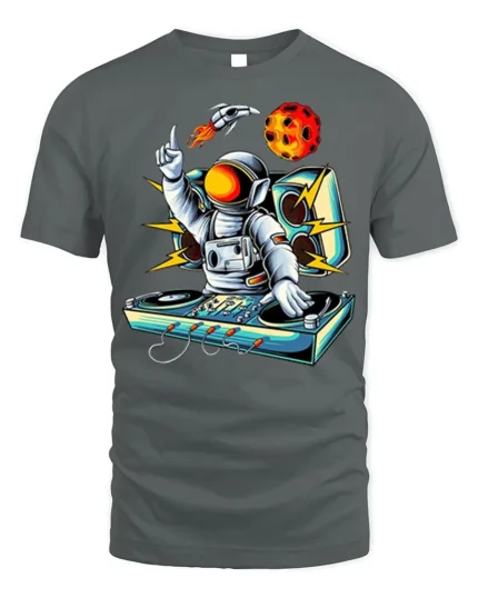 Astronaut DJ Space Music Graphic T-Shirt - gray t-shirt on white background
