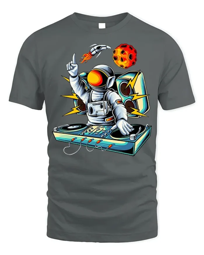 Astronaut DJ Space Music Graphic T-Shirt - gray t-shirt on white background