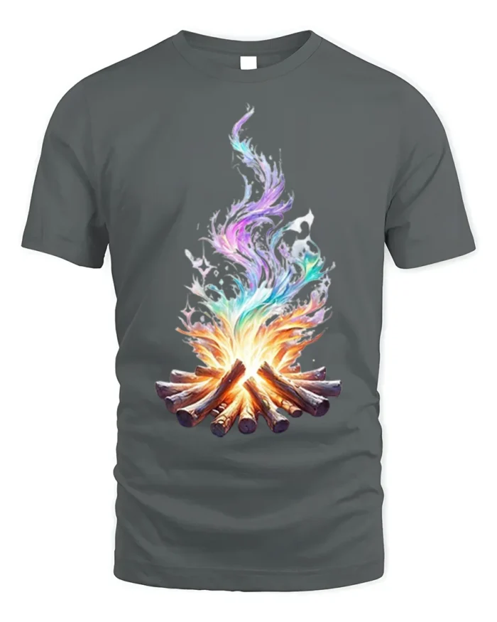 Colorful Flame Campfire Art Printed T-Shirt - gray t-shirt on white background