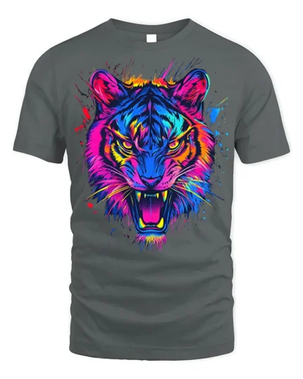 Neon Tiger Face Psychedelic Art T-Shirt - gray t-shirt on white background