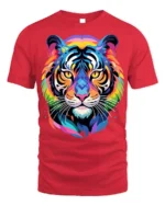 Geometric Rainbow Tiger Face Graphic T-Shirt - red t-shirt on white background