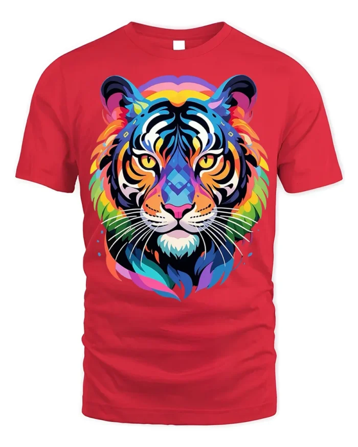 Geometric Rainbow Tiger Face Graphic T-Shirt - red t-shirt on white background