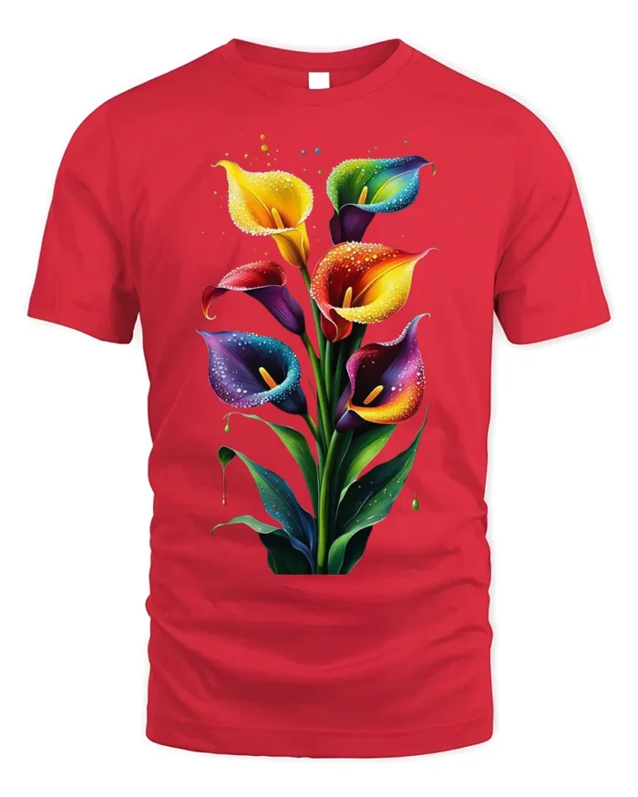 Rainbow Calla Lily Art Print T-Shirt - red t-shirt on white background