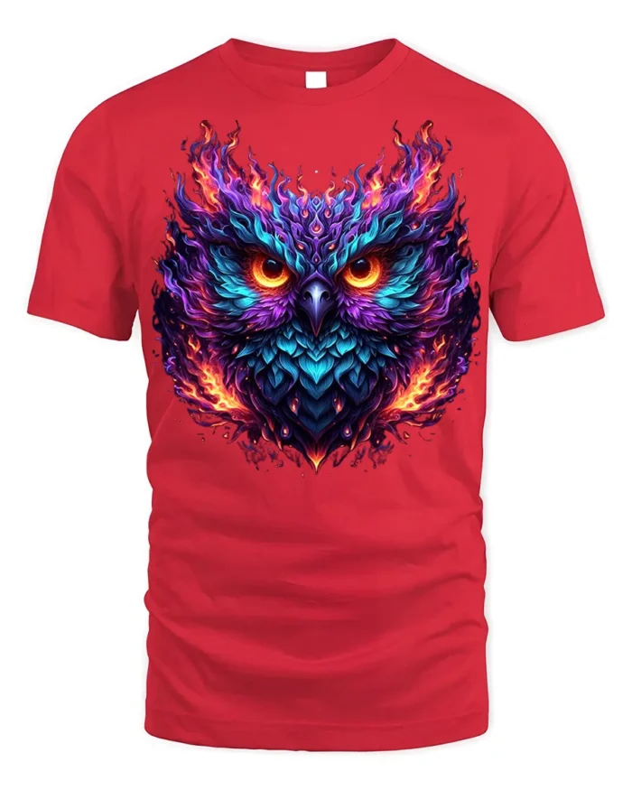 Flaming Owl T-Shirt with Fiery Abstract Art Design - red t-shirt on white background