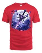 Moon Sword and Blue Rose Fantasy T-Shirt Design - red t-shirt on white background