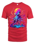 Psychedelic Octopus T-Shirt with Neon Ink Print - red t-shirt on white background