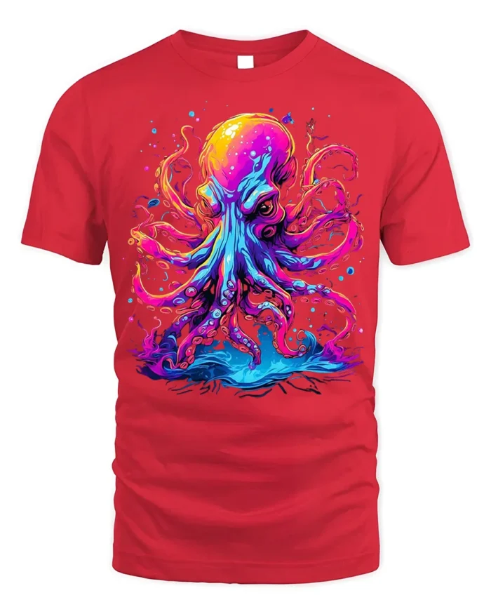 Psychedelic Octopus T-Shirt with Neon Ink Print - red t-shirt on white background