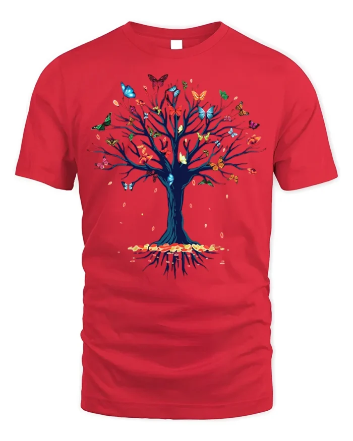 Butterfly Tree of Life T-Shirt with Nature Design - red t-shirt on white background
