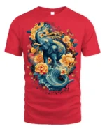 Floral Elephant T-Shirt with Water and Lotus Art - red t-shirt on white background
