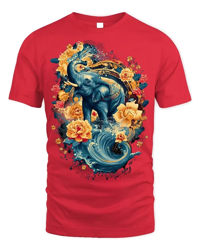 Floral Elephant T-Shirt with Water and Lotus Art - red t-shirt on white background