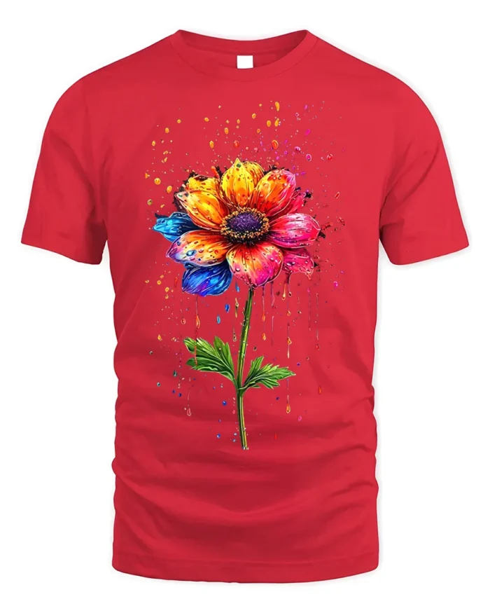 Color Splash Flower T-Shirt with Artistic Design - red t-shirt on white background