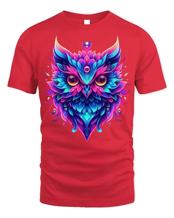 Colorful Owl Spirit Graphic T-Shirt - red t-shirt on white background