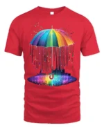Rainbow Umbrella Abstract Rain Printed T-Shirt - red t-shirt on white background