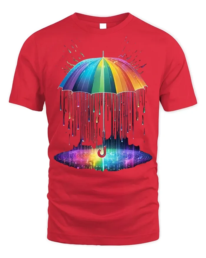 Rainbow Umbrella Abstract Rain Printed T-Shirt - red t-shirt on white background