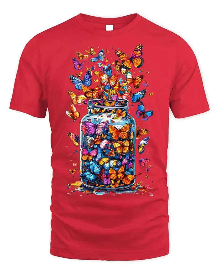 Colorful Butterflies in Jar Graphic T-Shirt - red t-shirt on white background