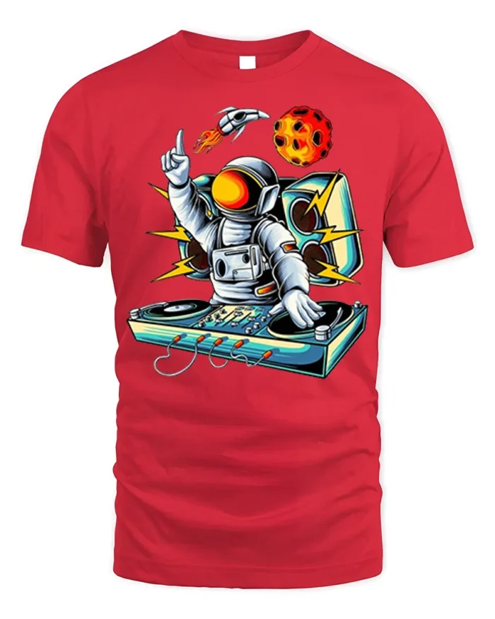Astronaut DJ Space Music Graphic T-Shirt - red t-shirt on white background
